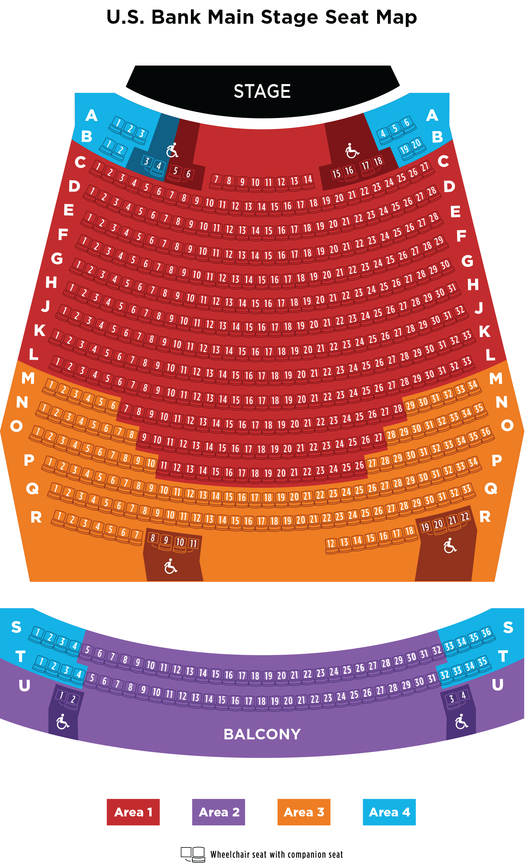 A map of all seats in the U.S. Bank Main Stage theater.