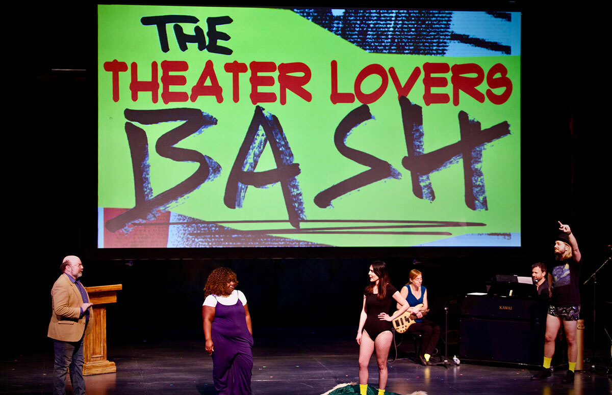 A graphic that reads "The Theater Lovers Bash" above several projected above 6 people on a stage interacting.