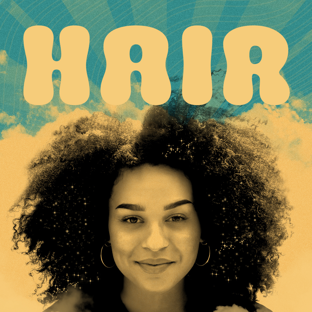 The word HAIR above the smiling face of a Black woman with a full afro.