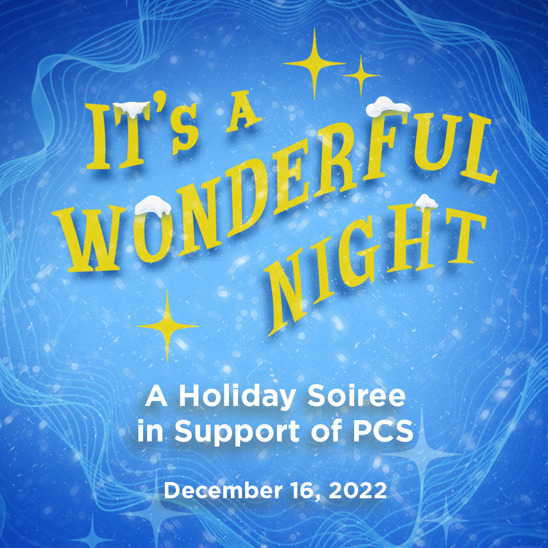 It's a Wonderful Night! A Holiday Soiree in Support of PCS, December 16, 2022 on an abstract blue and white wintery background.