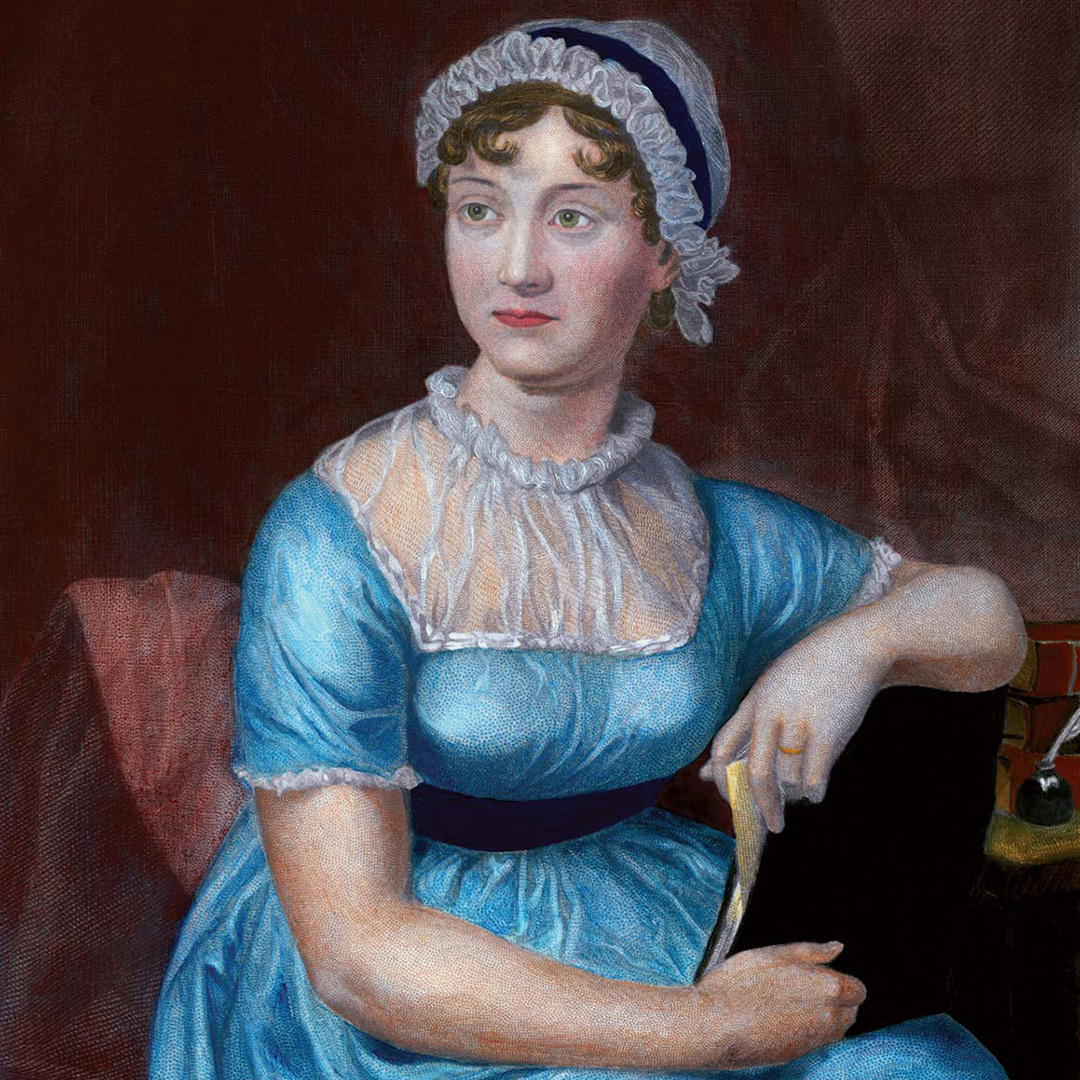 woman in period dress with a bonnet and blue dress posing for a painting.