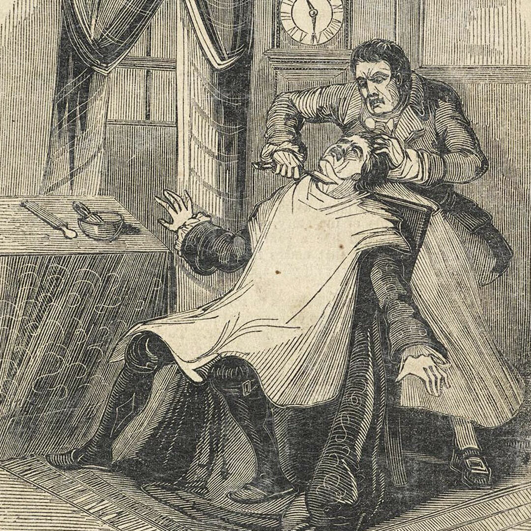 An illustration of a man seated in a barber chair as another man stands behind the chair holding a razor to the man's throat.