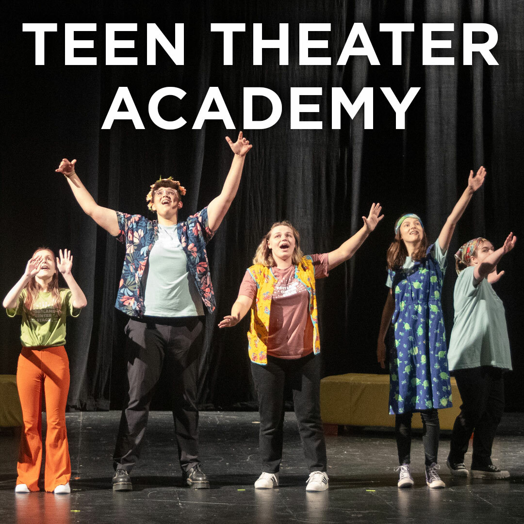 A lineup of several students performing on stage, some with arms raised, under the words "Teen Theater Academy."
