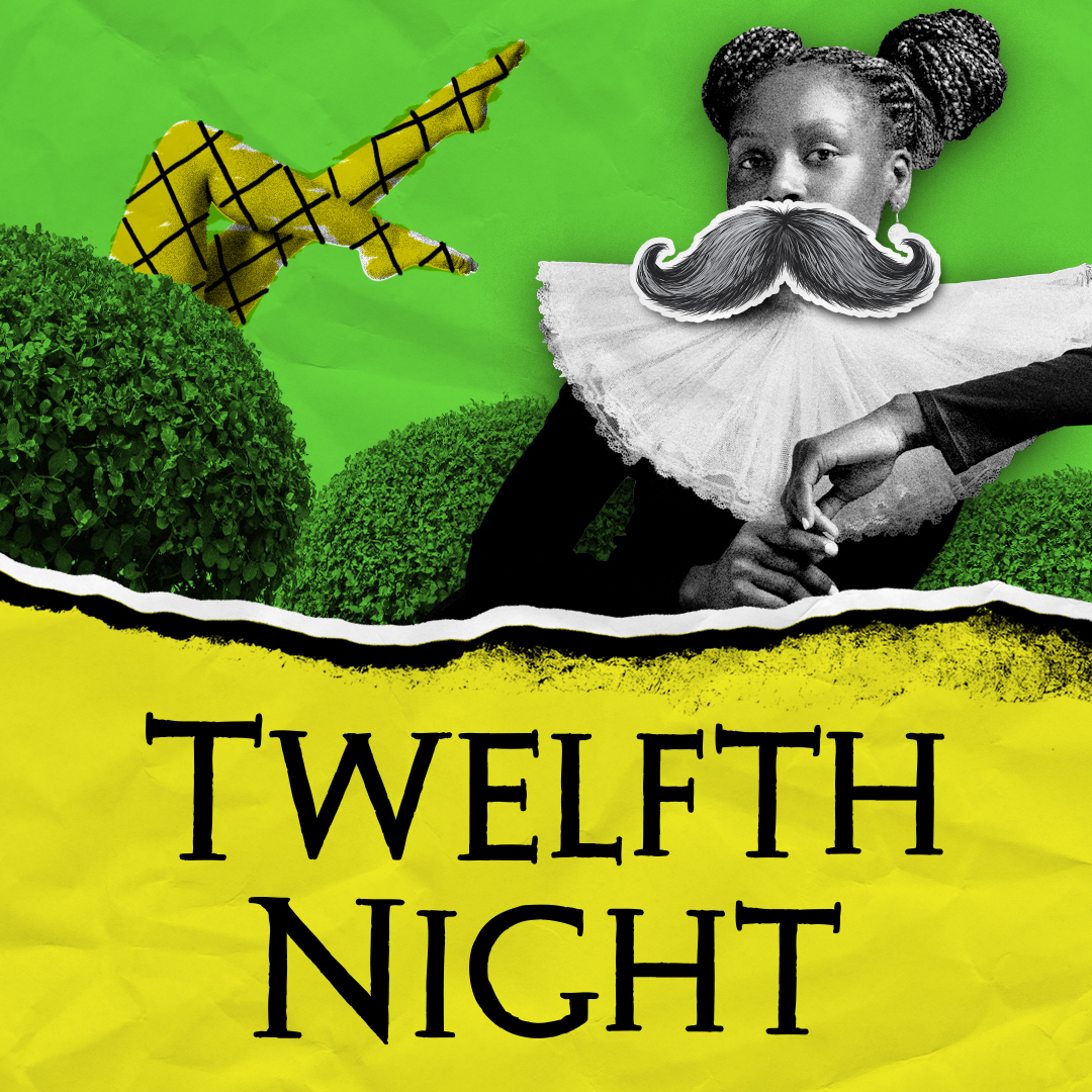 Twelfth Night, Or What You Will, in an irregular yellow font on a grungy background of magena, crinkled-paper texture.