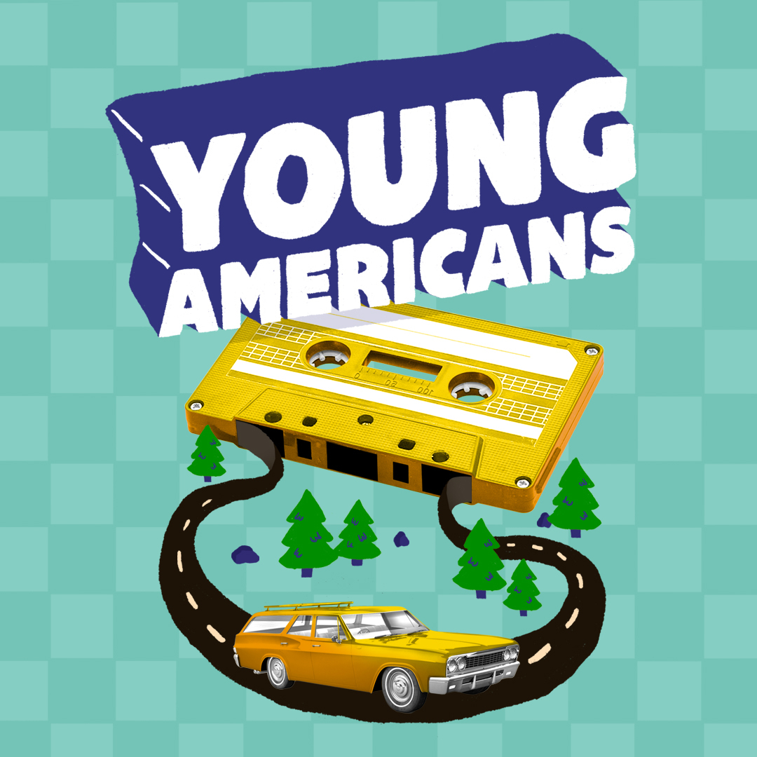 The title "Young Americans" above artwork of a yellow audio cassette whose tape becomes a tree-lined highway on which a yellow car drives.