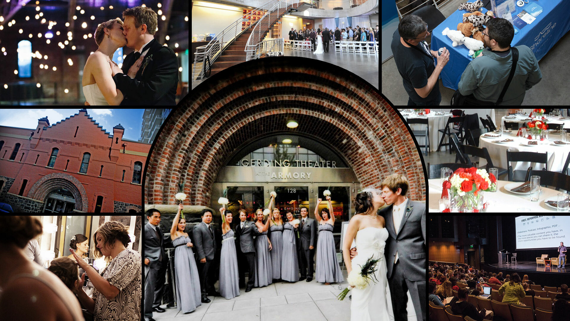 A bride and groom kiss in front of the main entrance to The Armory, framed by the brick archway over the doors.